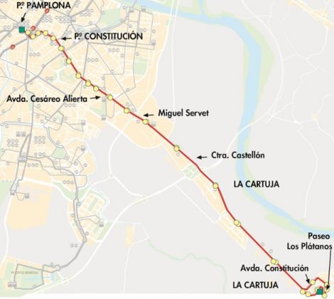 Recorridos y paradas de la línea 25 de Paseo Pamplona a La Cartuja