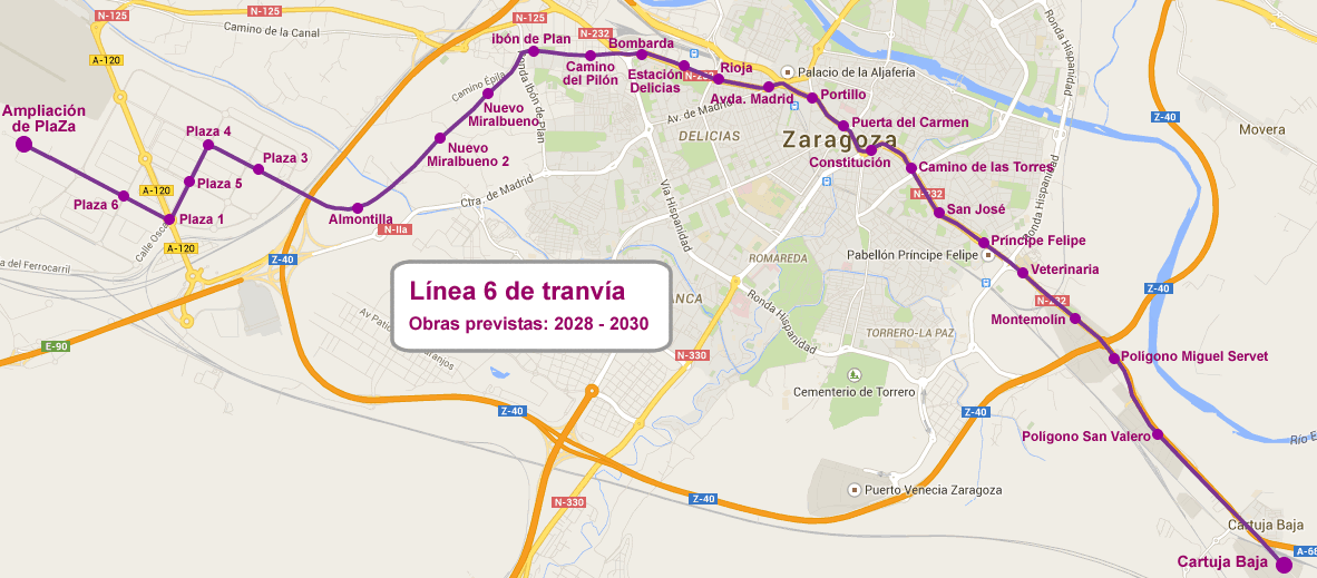 Mapa del recorrido de la línea 6 del tranvía de Zaragoza