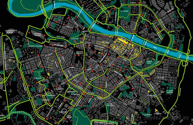 Plano de los carriles bici y las calles peatonales ciclables de Zaragoza