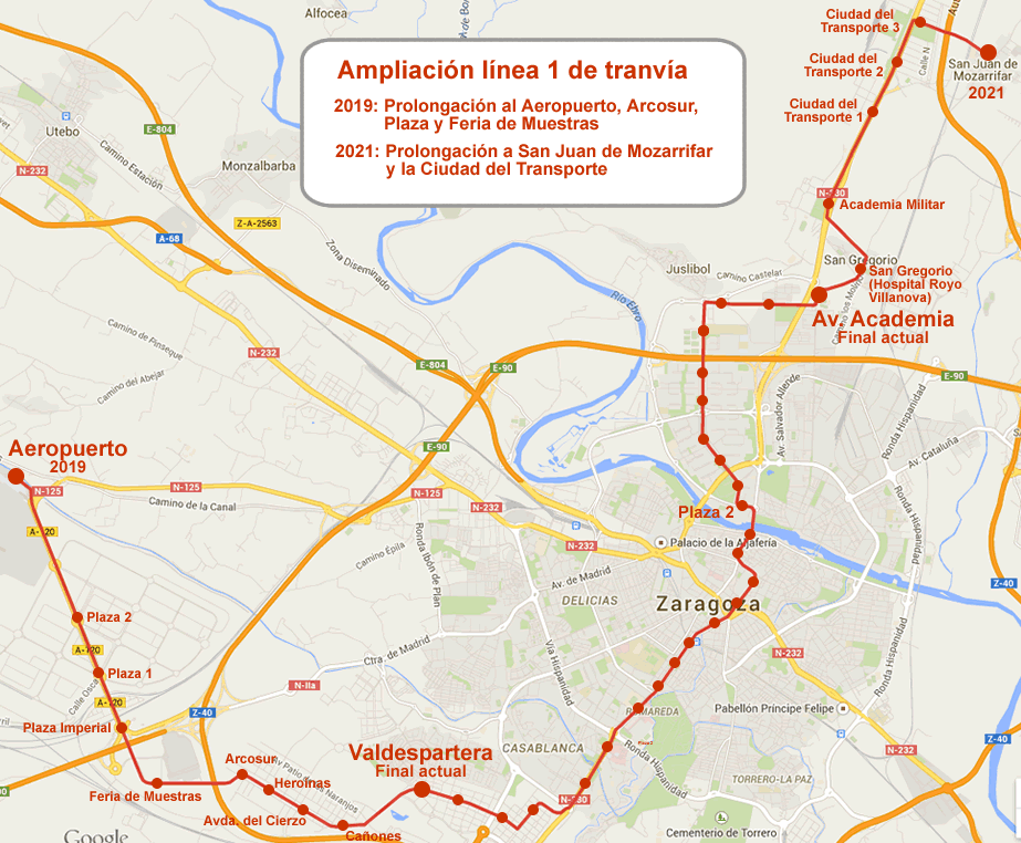 mapa tranvia zaragoza Ampliación de la línea 1 del Tranvía al Aeropuerto, Plaza, la 