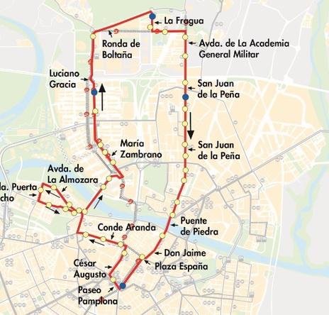 Plano-mapa de la línea N2 de autobús de Auzsa en Zaragoza