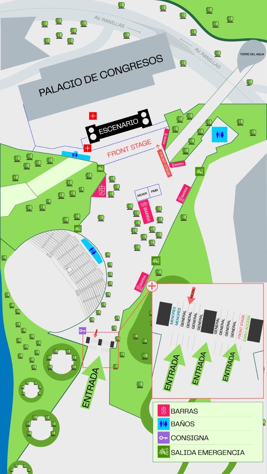 Mapa de ubicación de los accesos y entradas al concierto de Operación Triunfo, Melendi y Anuel en la Expo.